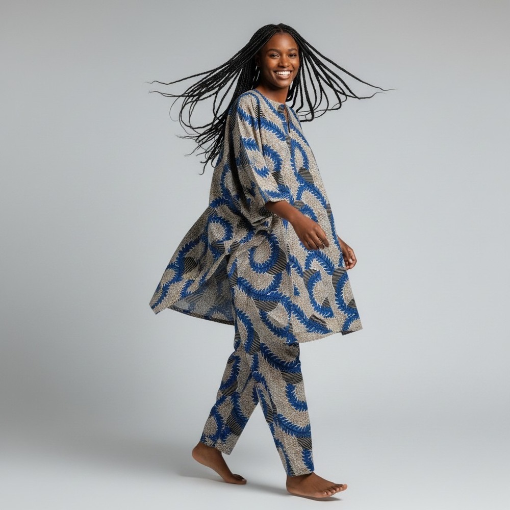 Handmade African Wax Print Kaftan and Tapered Pants Set Blue Tan Leaf Pattern